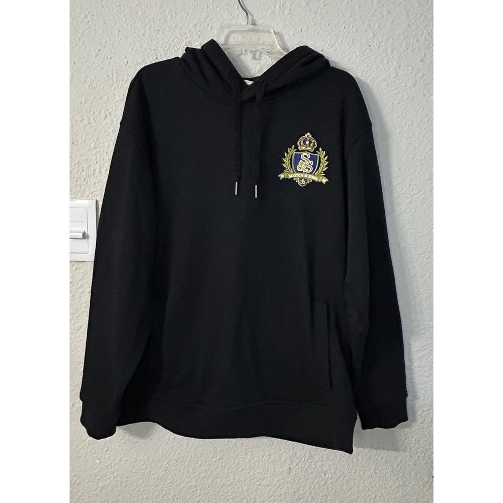 Scotch & Soda Amsterdam Mens Black Crest Logo Embroidered Hoodie Large